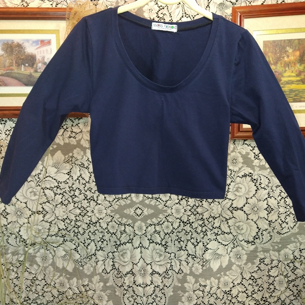 Vivian's Fashions dark navy blue crop top crew neck 3/4 sleeves